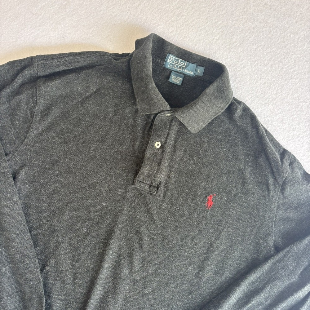 Vintage Polo Ralph Lauren Polo Shirt Mens Large Gray Long Sleeve Cuffed Red Pony